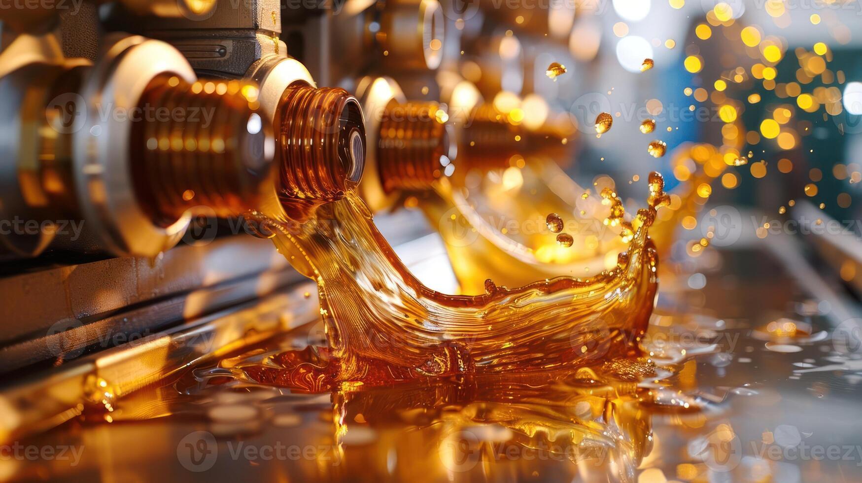 Close-up of liquid flowing from valves, creating splashes and reflections. photo