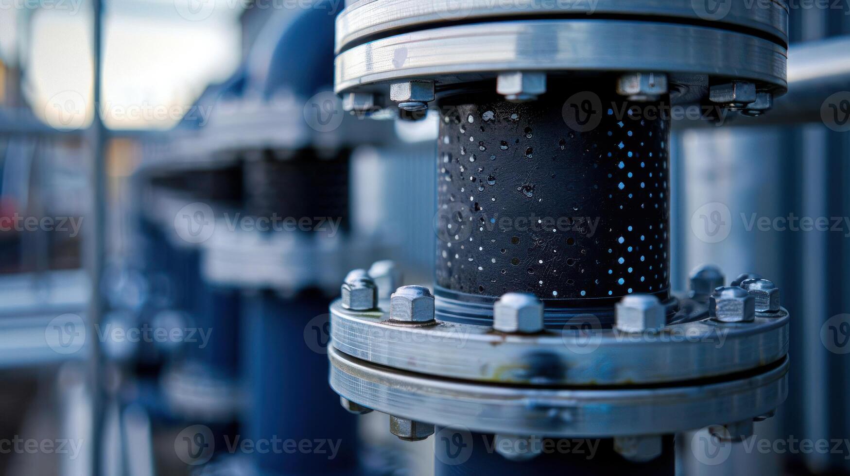 Close-up of industrial piping with flanges and bolts, showcasing engineering details. photo