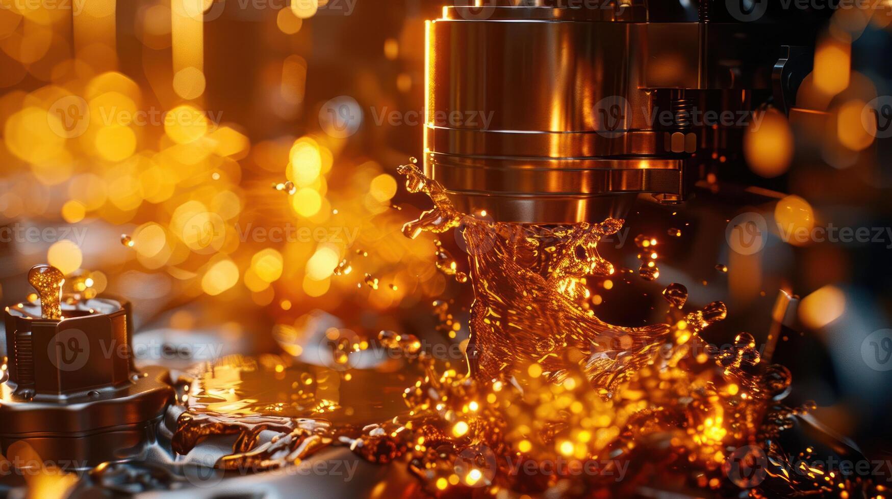 Close-up of a machining process with fluid splashing, showcasing industrial precision. photo