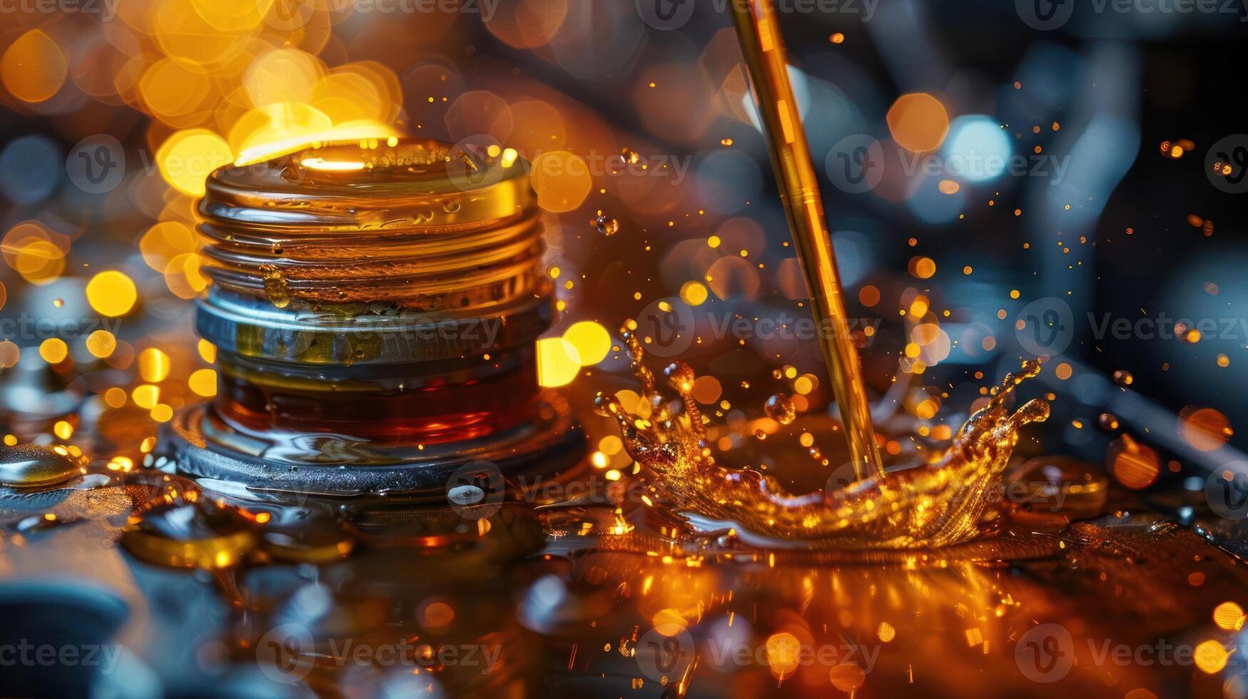 A close-up of liquid pouring into a container, creating splashes and a warm, glowing ambiance. photo
