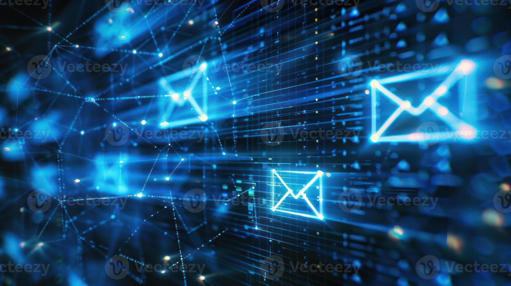 Digital representation of email communication with glowing icons and network connections. photo
