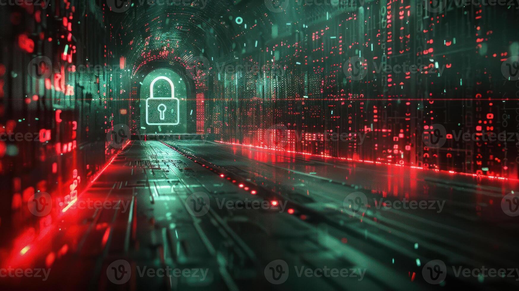 A digital corridor with a lock symbol, emphasizing cybersecurity and data protection. photo