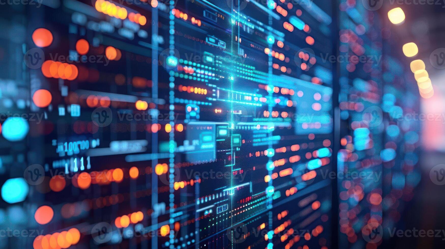 Digital data visualization with glowing lines and nodes representing network connections. photo