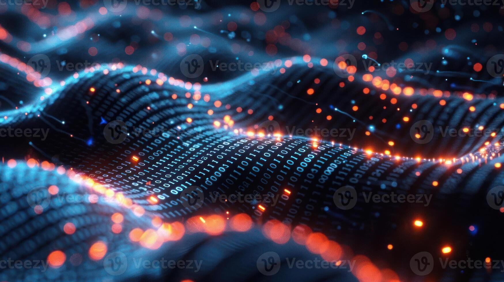 Abstract digital landscape with binary code and glowing particles. photo