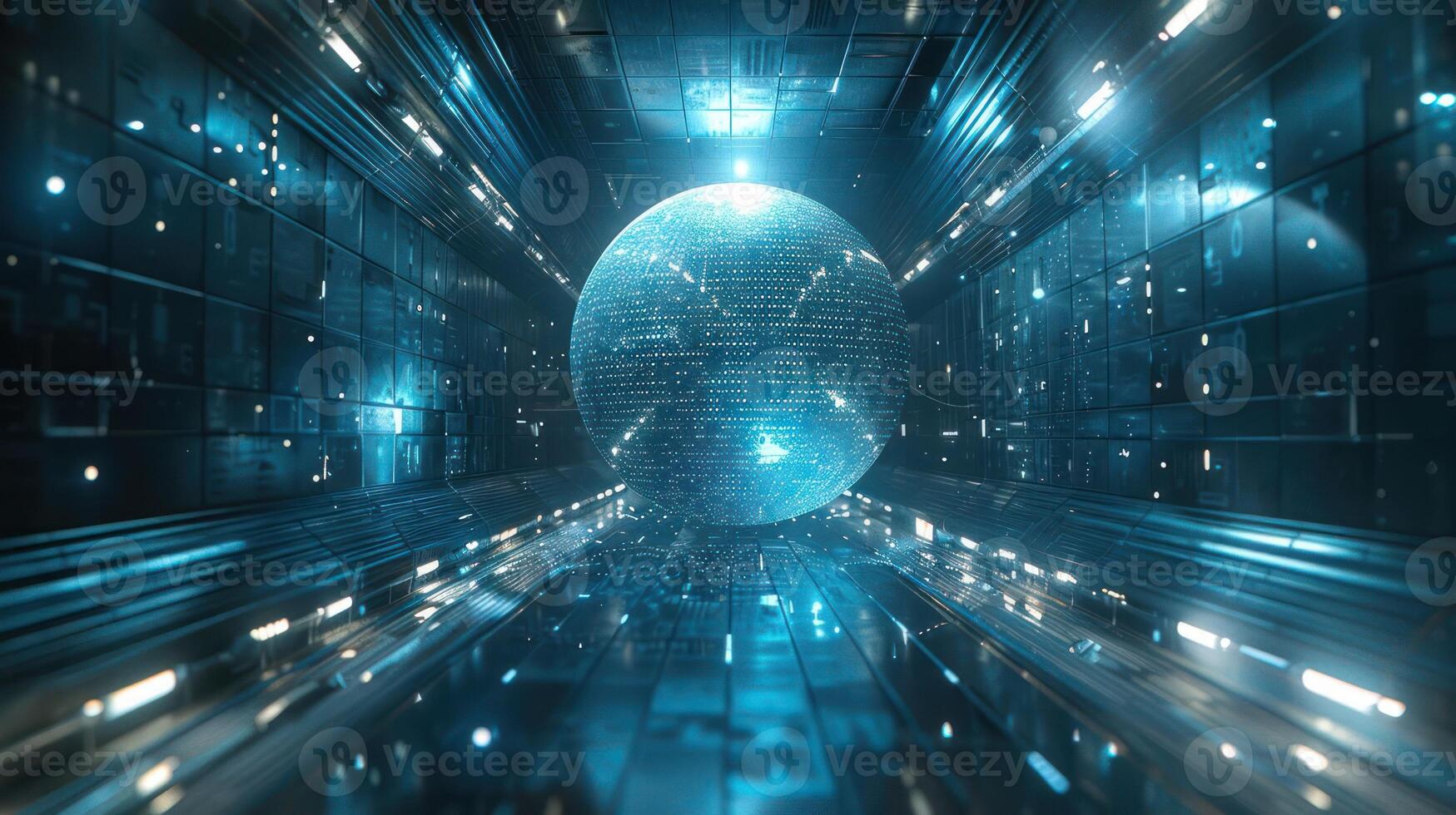 A futuristic scene featuring a reflective disco ball in a high-tech environment. photo