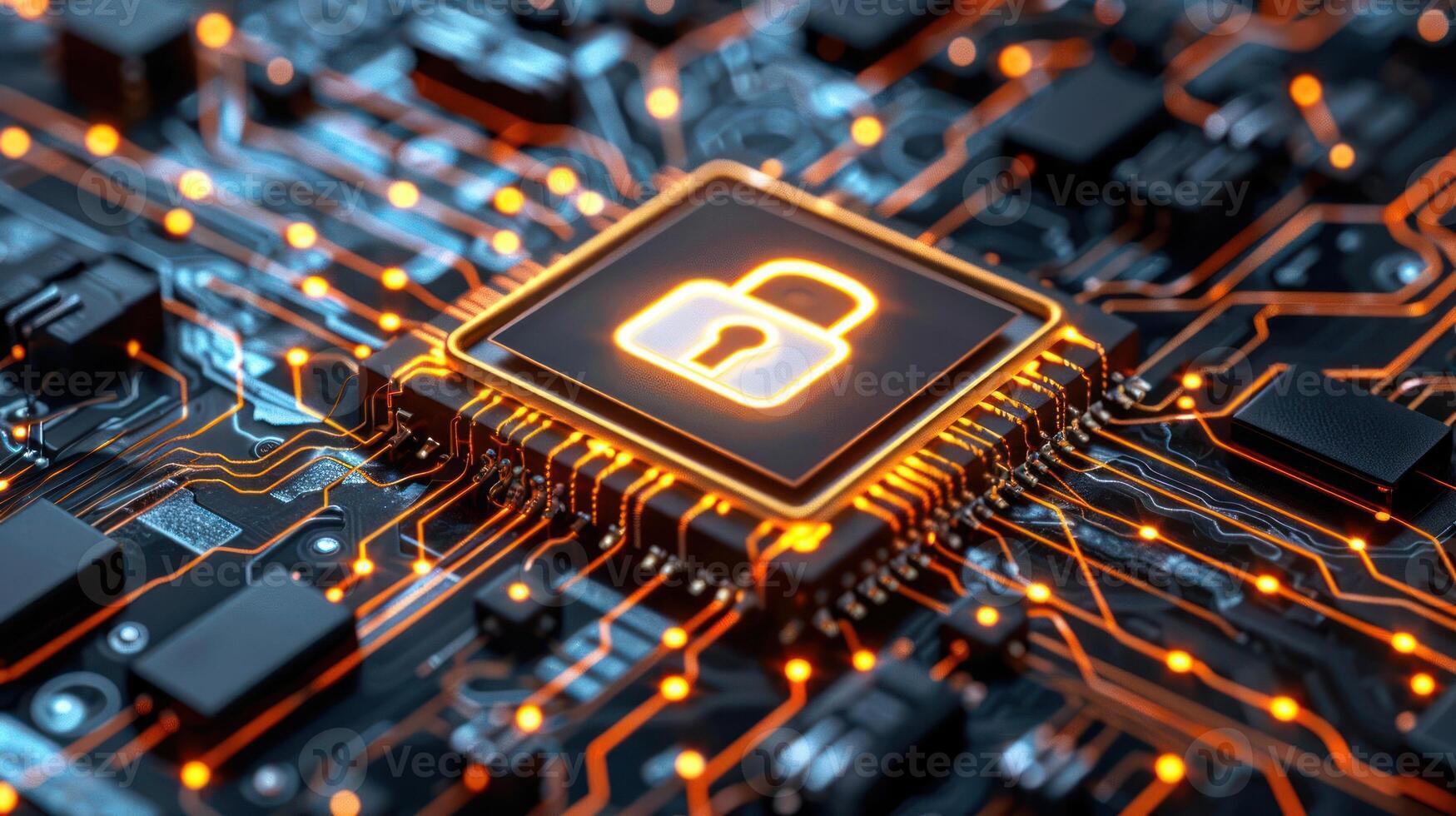 A close-up of a circuit board featuring a padlock symbol, representing cybersecurity and technology. photo