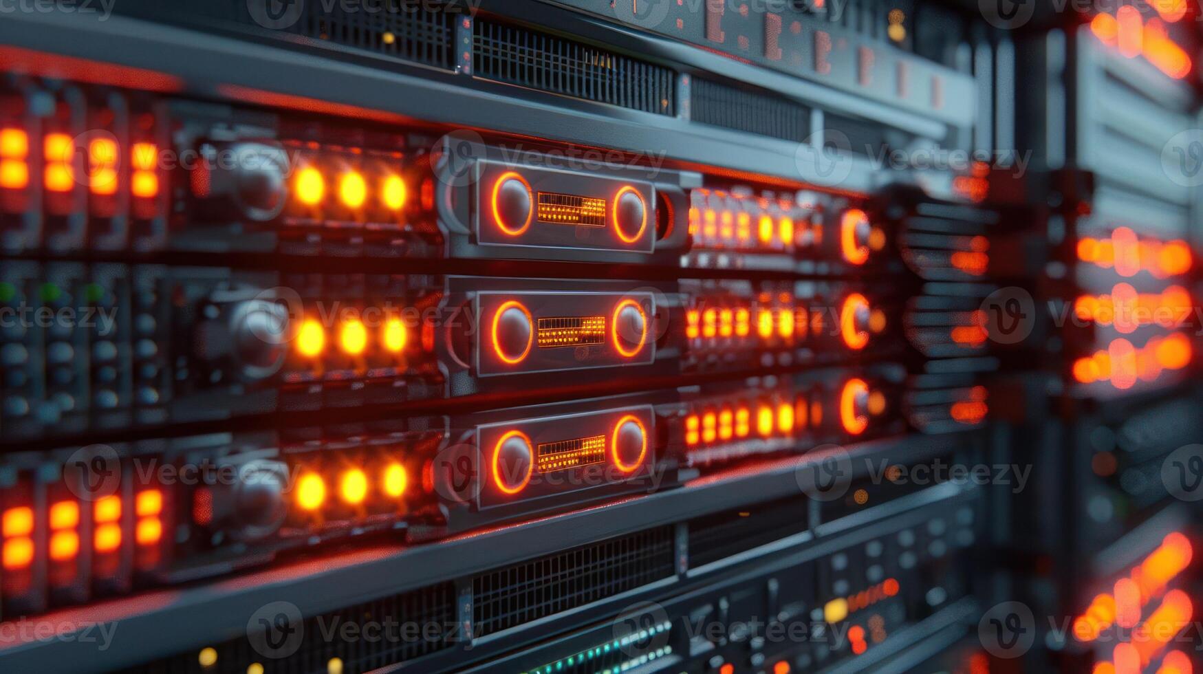 Close-up of a data server rack with illuminated components, showcasing technology in action. photo