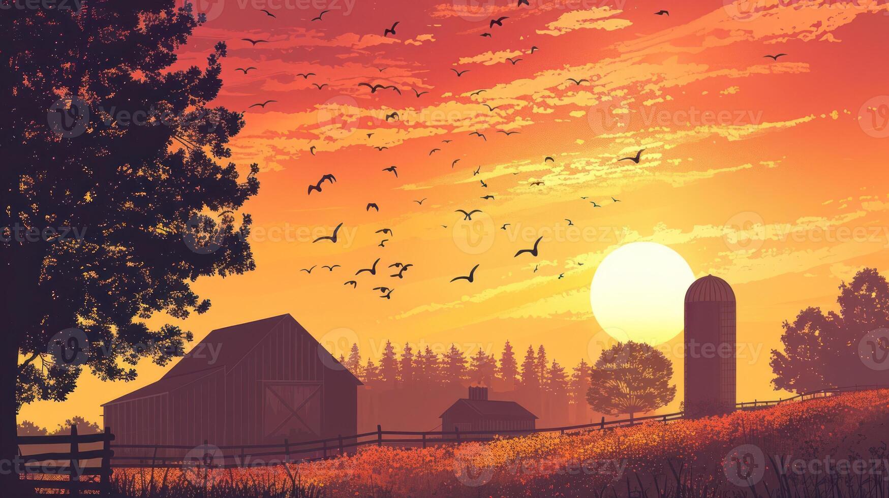 A serene sunset over a farm with a barn, silo, and birds in the sky. photo