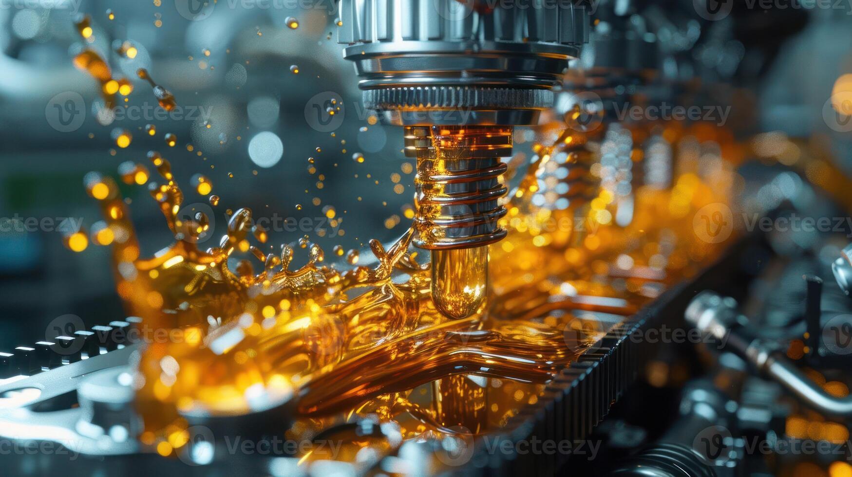 Close-up of machinery pouring orange liquid, showcasing industrial processes. photo