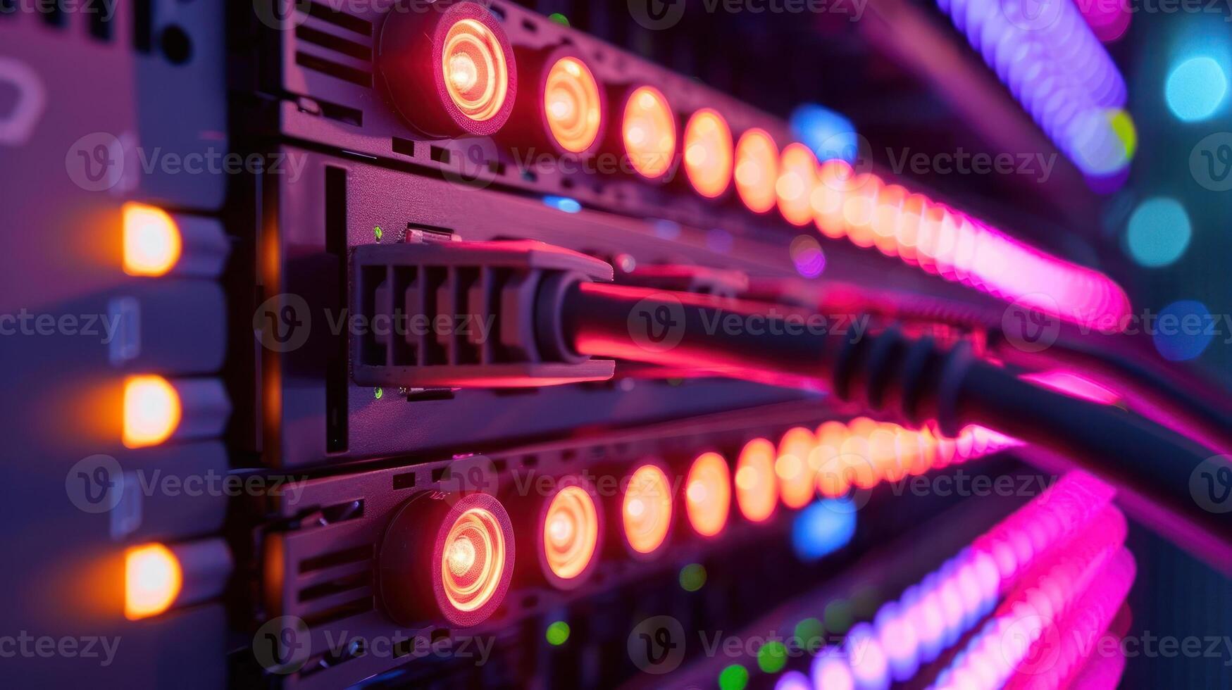 A close-up of a server rack with colorful LED lights and connected cables. photo