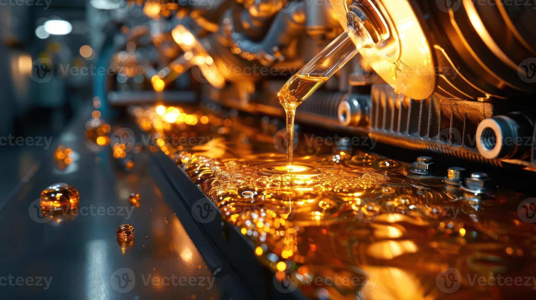 Close-up of golden liquid flowing in an industrial setting, showcasing machinery and processes. photo