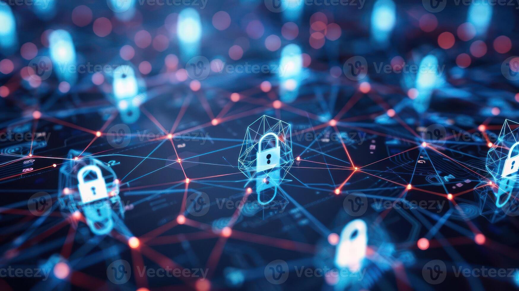 Digital network with padlocks symbolizing cybersecurity and data protection. photo