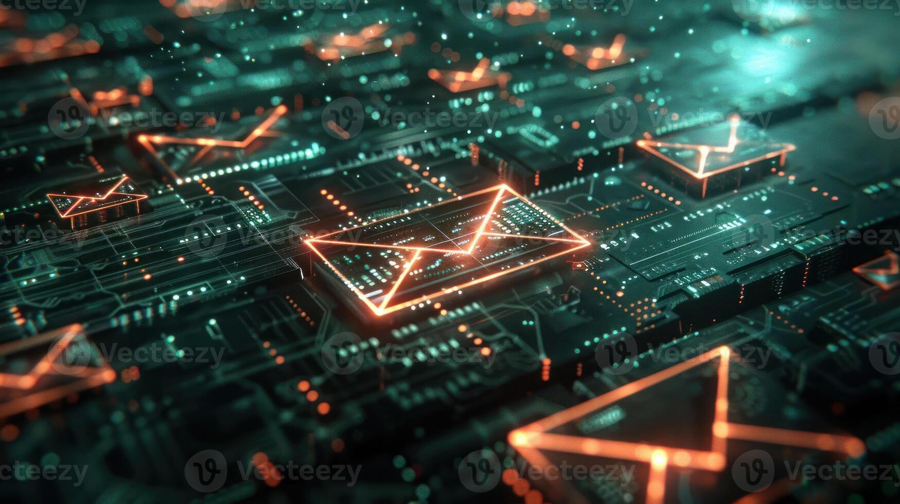 Digital representation of email communication on a circuit board background. photo