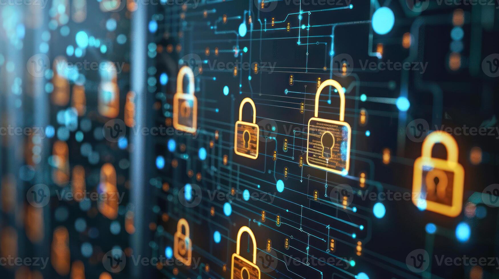 Digital illustration of padlocks and circuit patterns, symbolizing cybersecurity and protection. photo