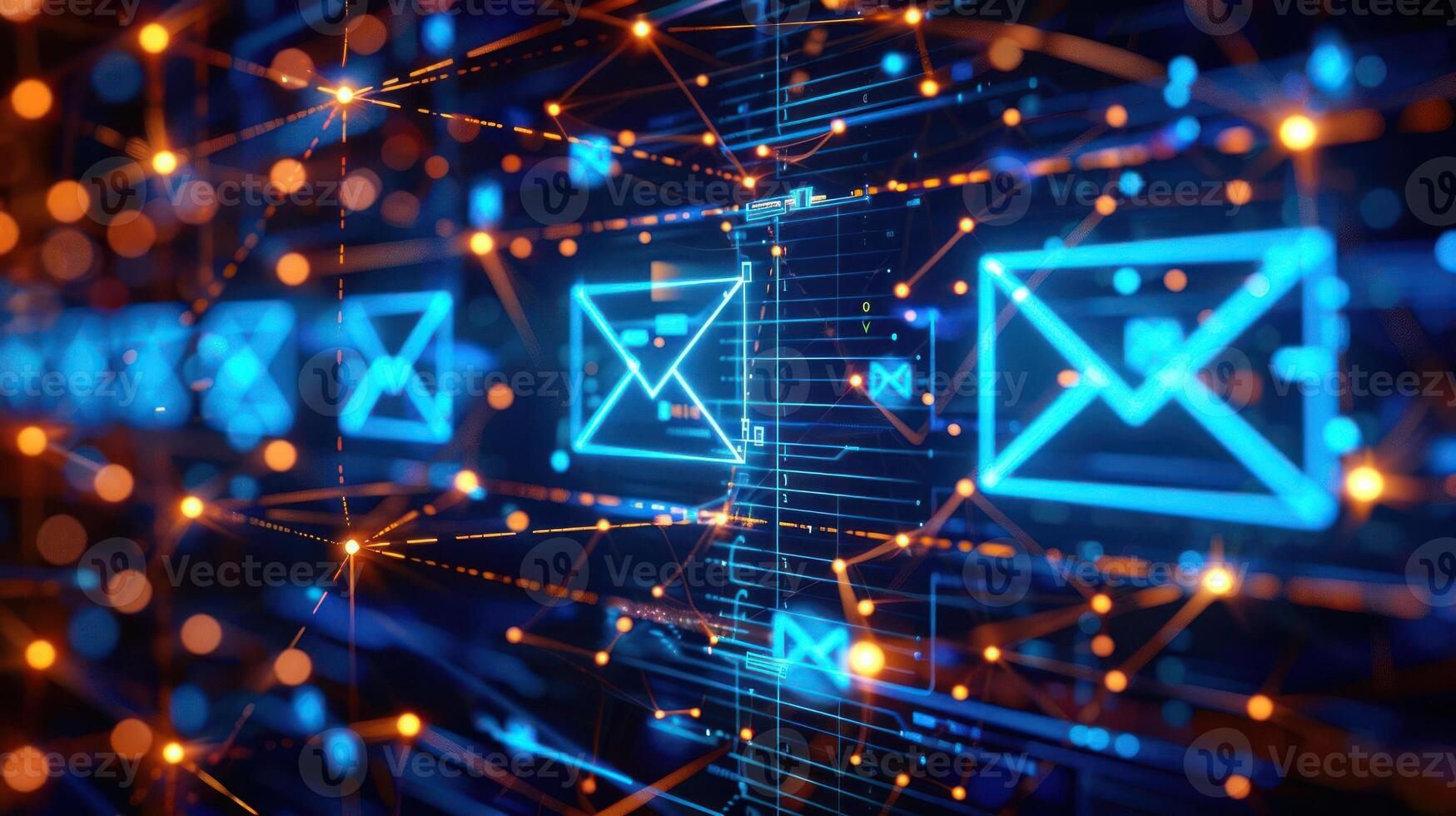 A digital representation of email communication with glowing icons and interconnected lines. photo