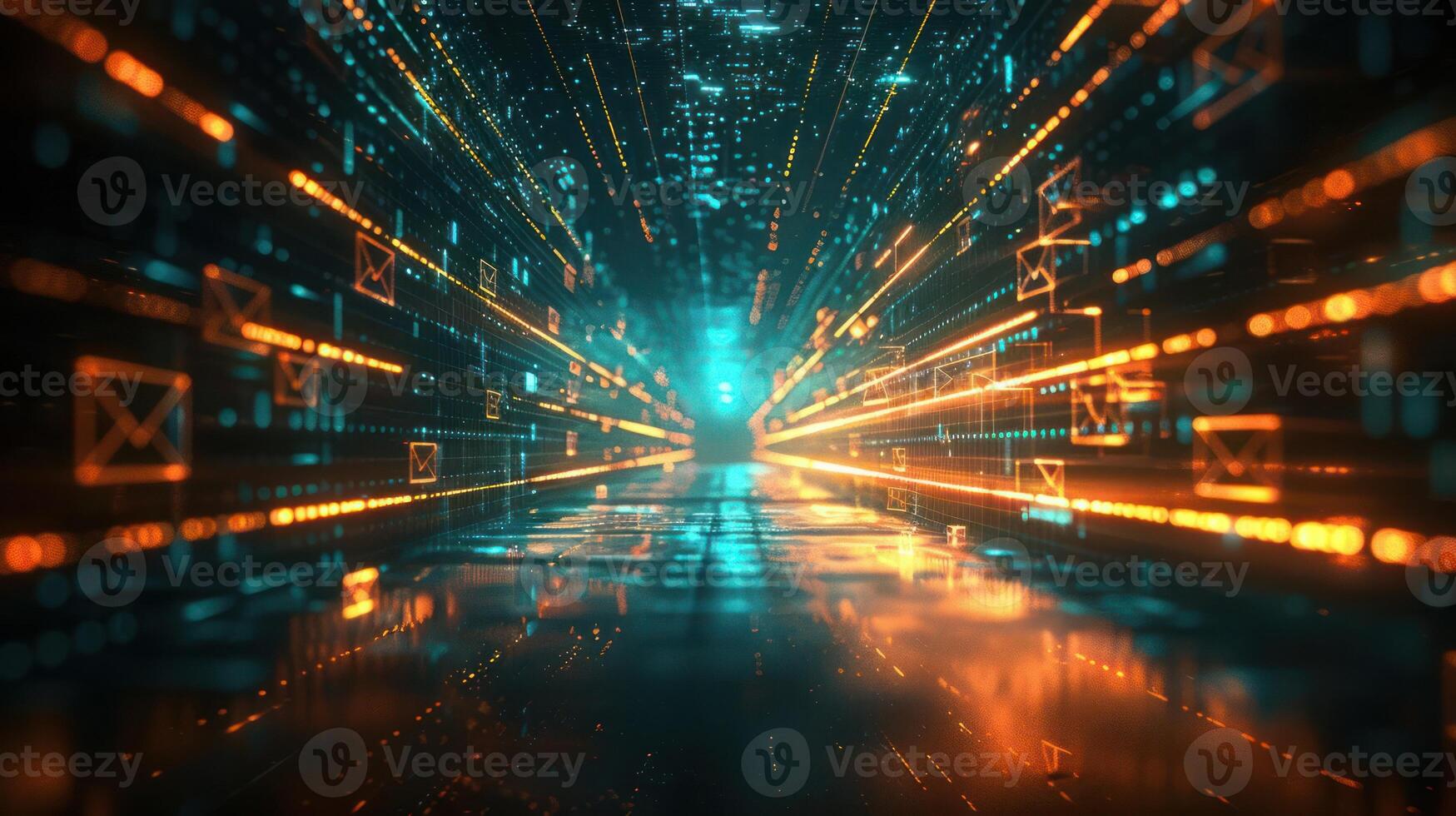A futuristic digital tunnel with glowing lines and icons representing data flow. photo