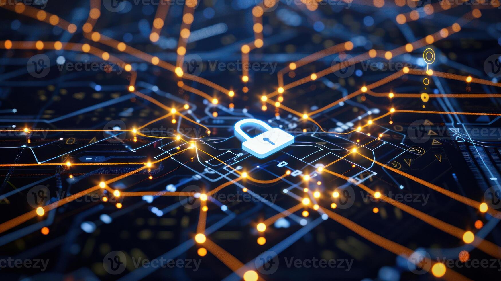 Digital network with a padlock symbolizing cybersecurity and data protection. photo
