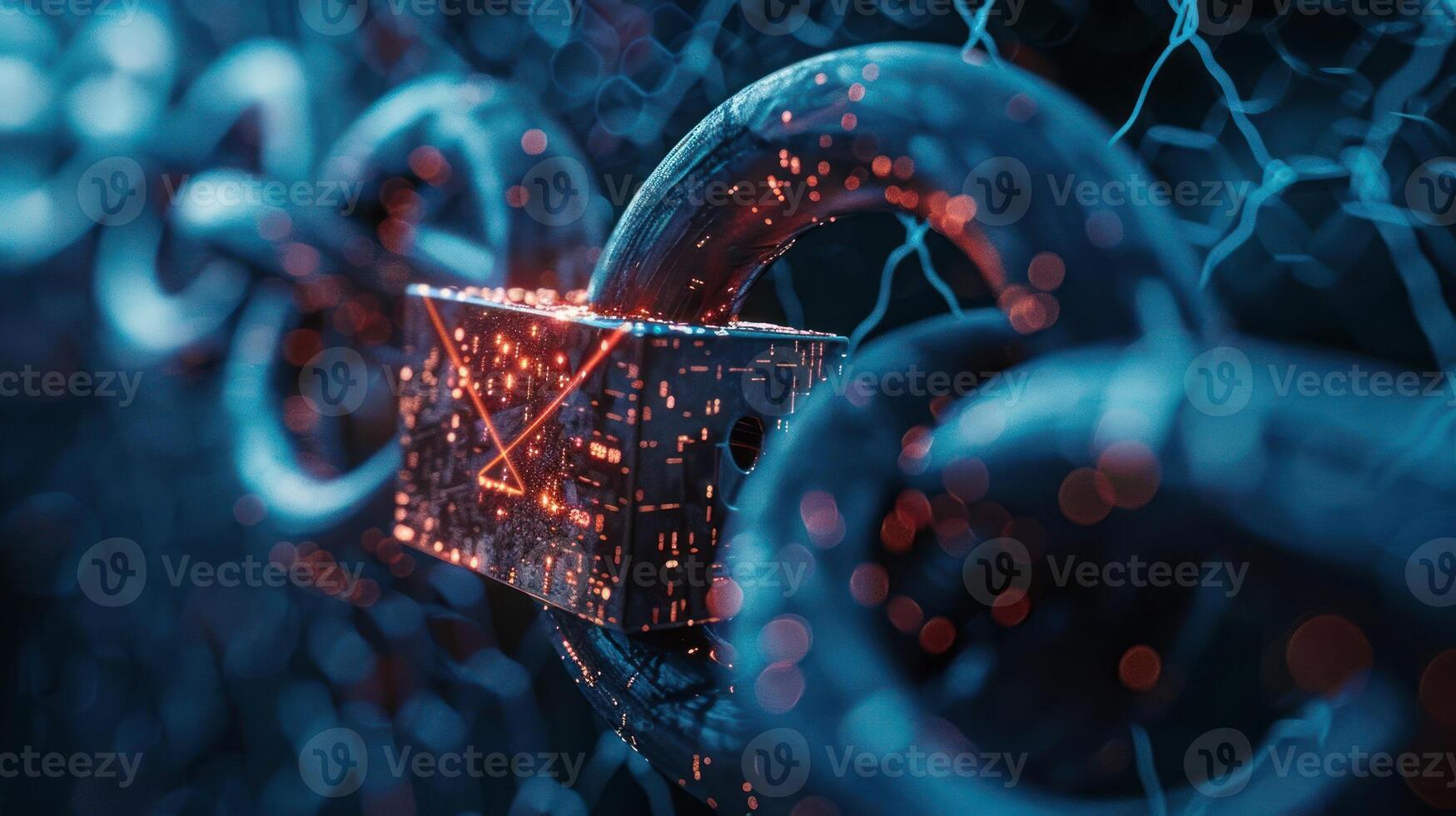 A digital padlock on a chain, symbolizing security and technology in a networked environment. photo