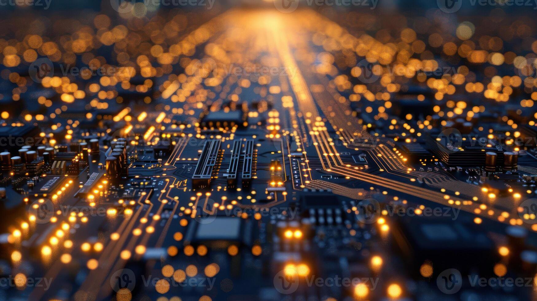 A close-up view of a circuit board with glowing lights, symbolizing technology and innovation. photo