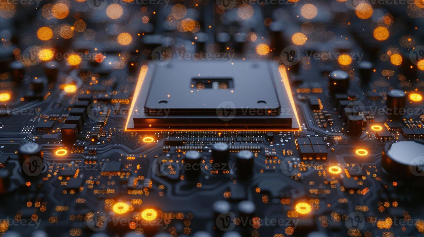 Close-up of a circuit board with a glowing processor, showcasing technology and innovation. photo