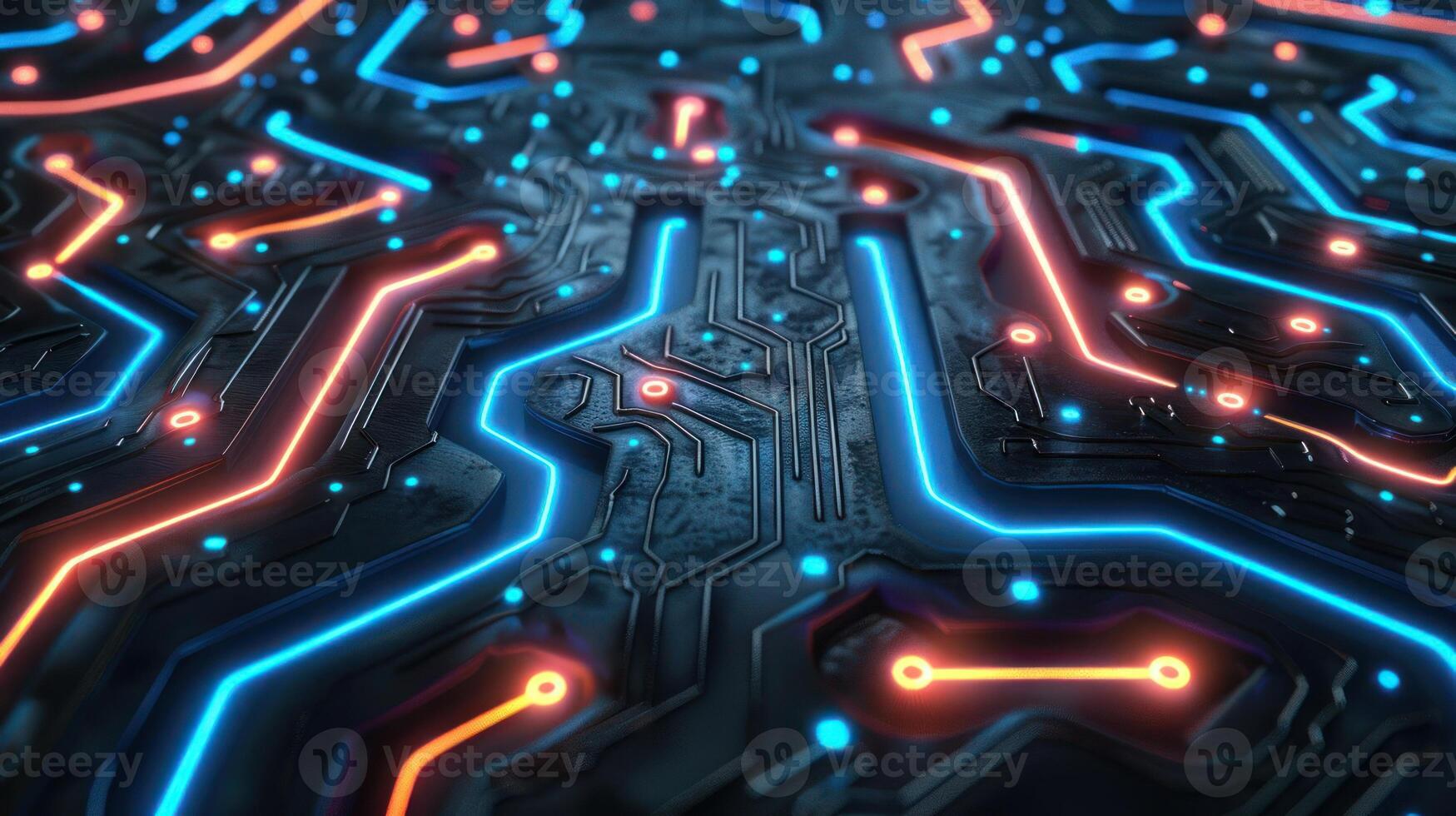 A close-up view of a circuit board design with illuminated pathways in blue and orange. photo