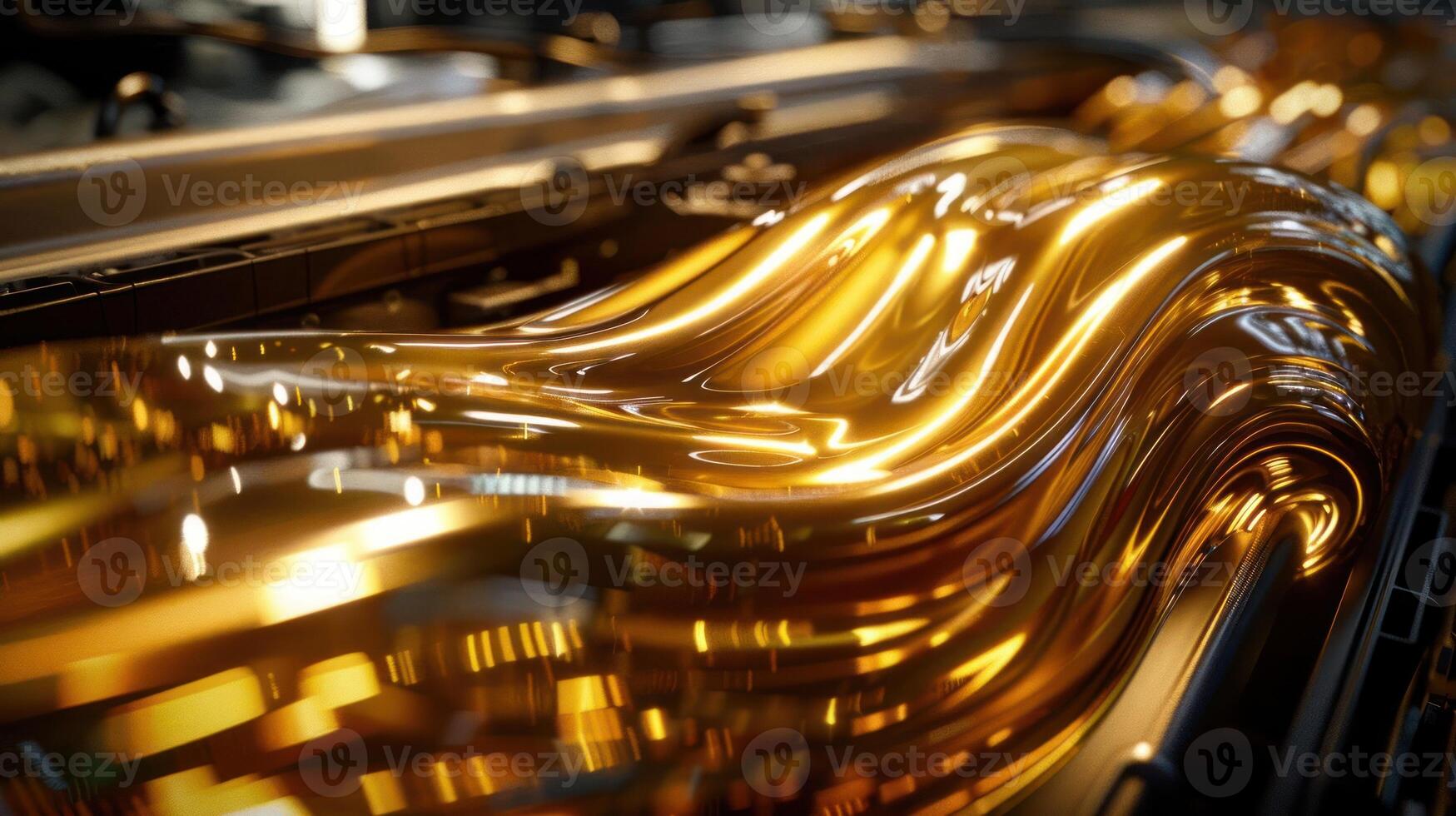 A close-up of shiny, flowing liquid metal, showcasing fluid dynamics and reflections. photo