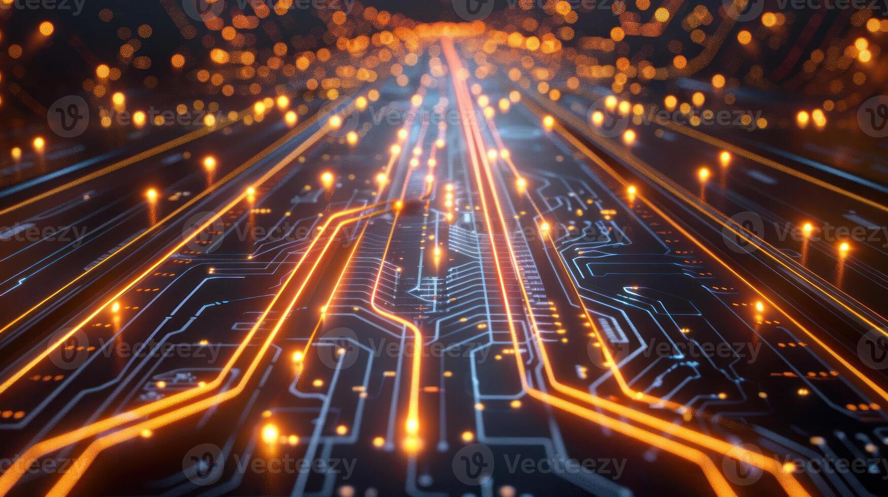 A futuristic circuit board with glowing pathways and lights. photo