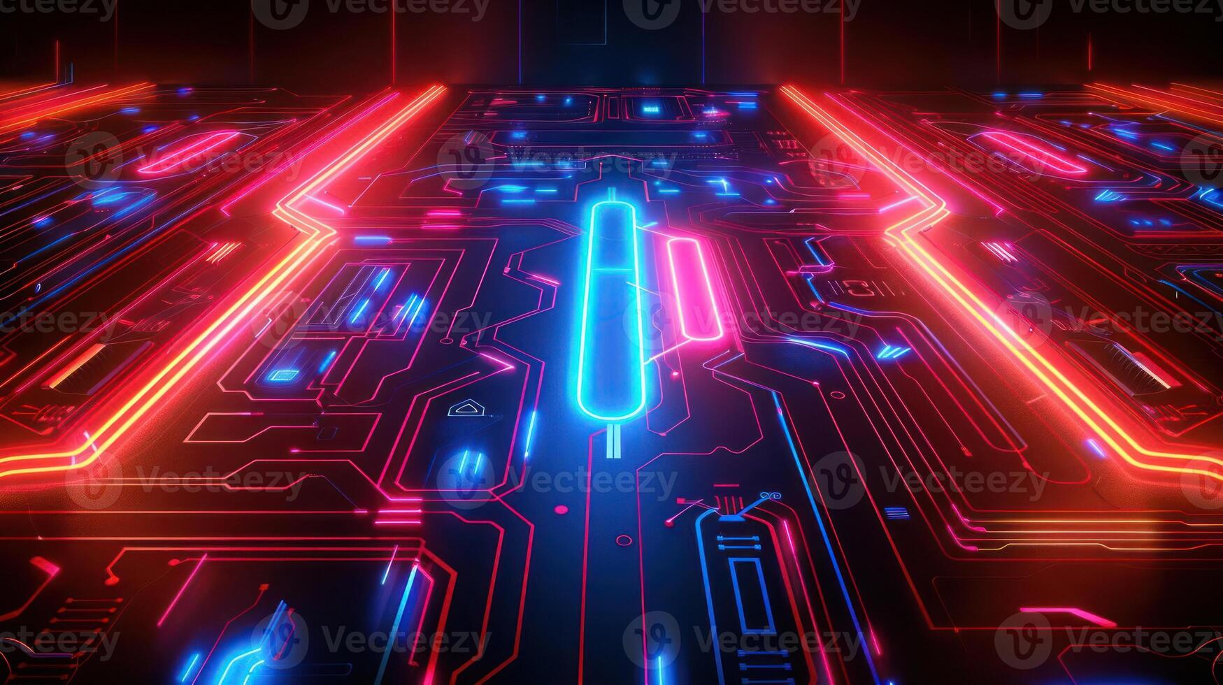 A vibrant, futuristic digital landscape with neon circuits and glowing lines. photo