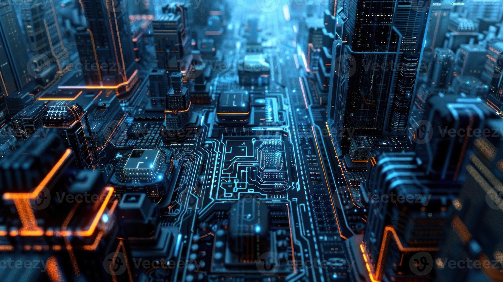 A futuristic cityscape resembling a circuit board with glowing elements. photo