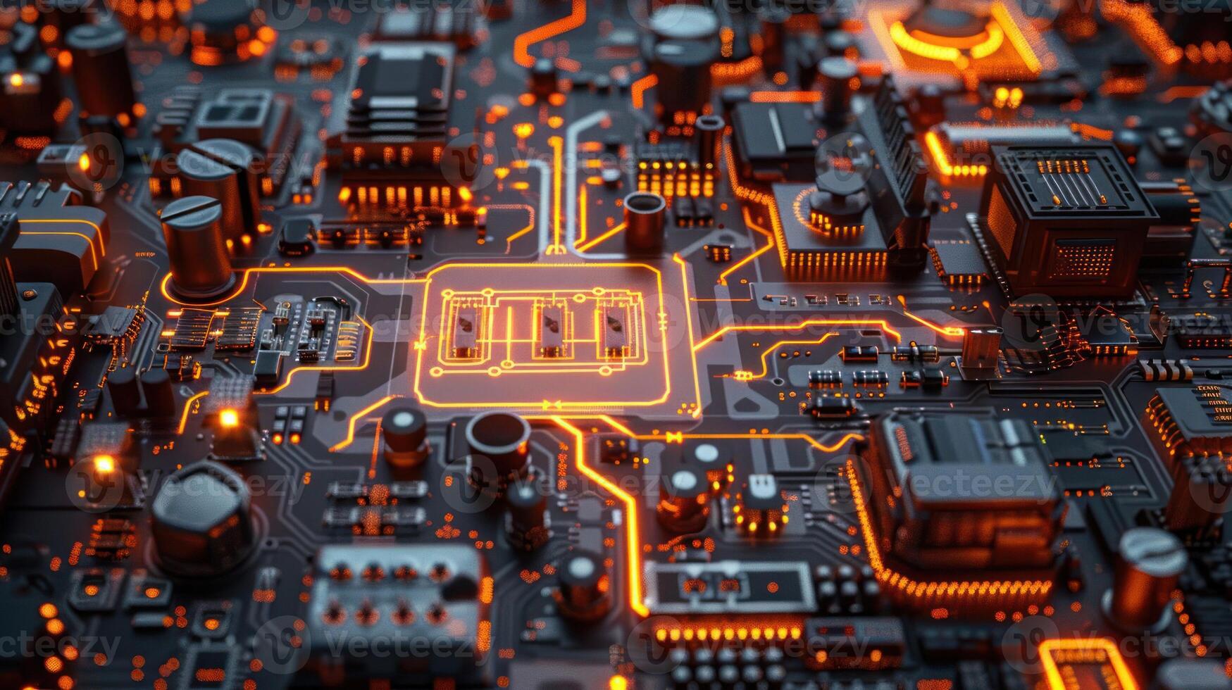 A close-up view of a circuit board with glowing components and intricate connections. photo