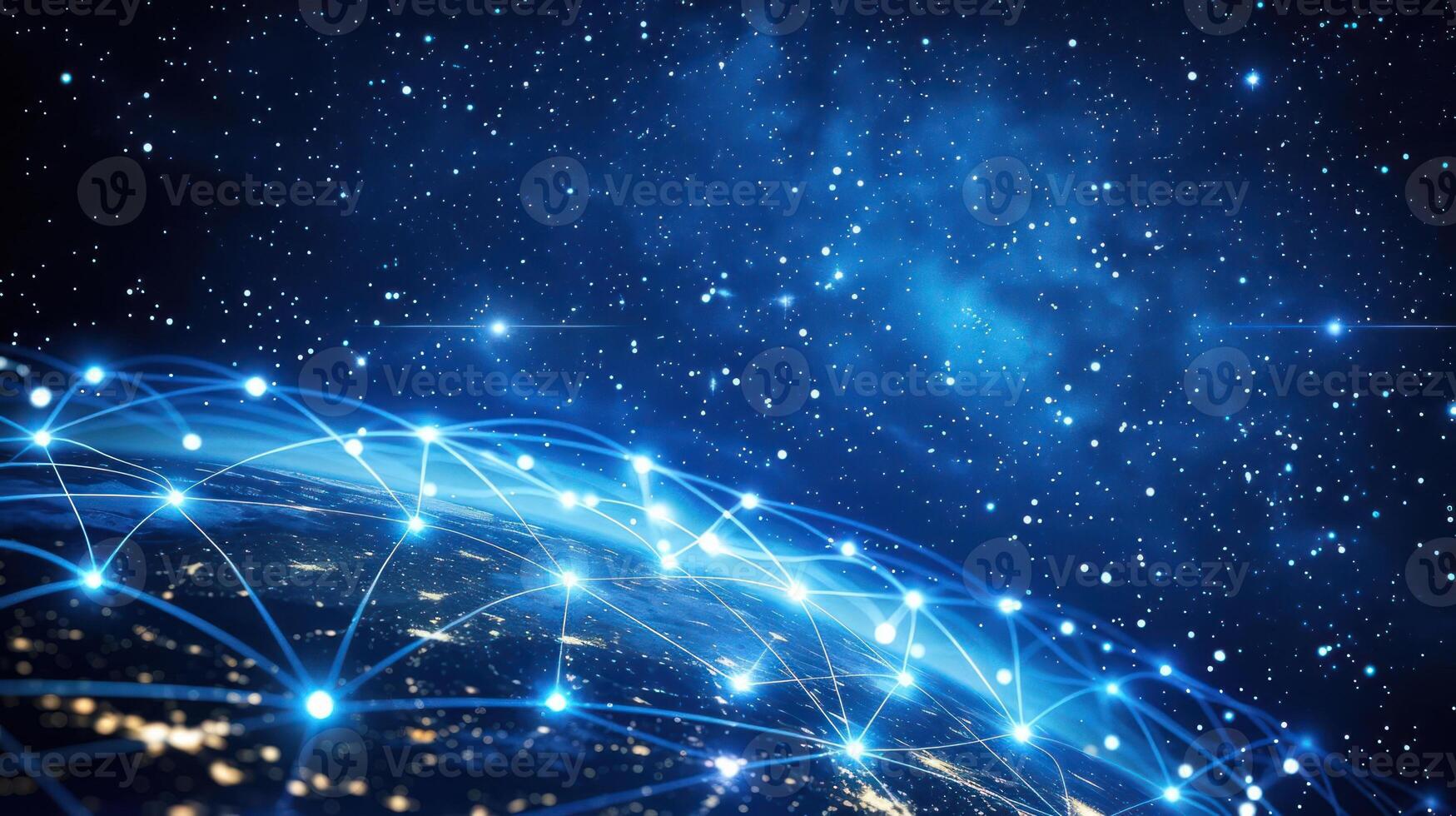 A digital representation of global connectivity over Earth, showcasing network lines in space. photo
