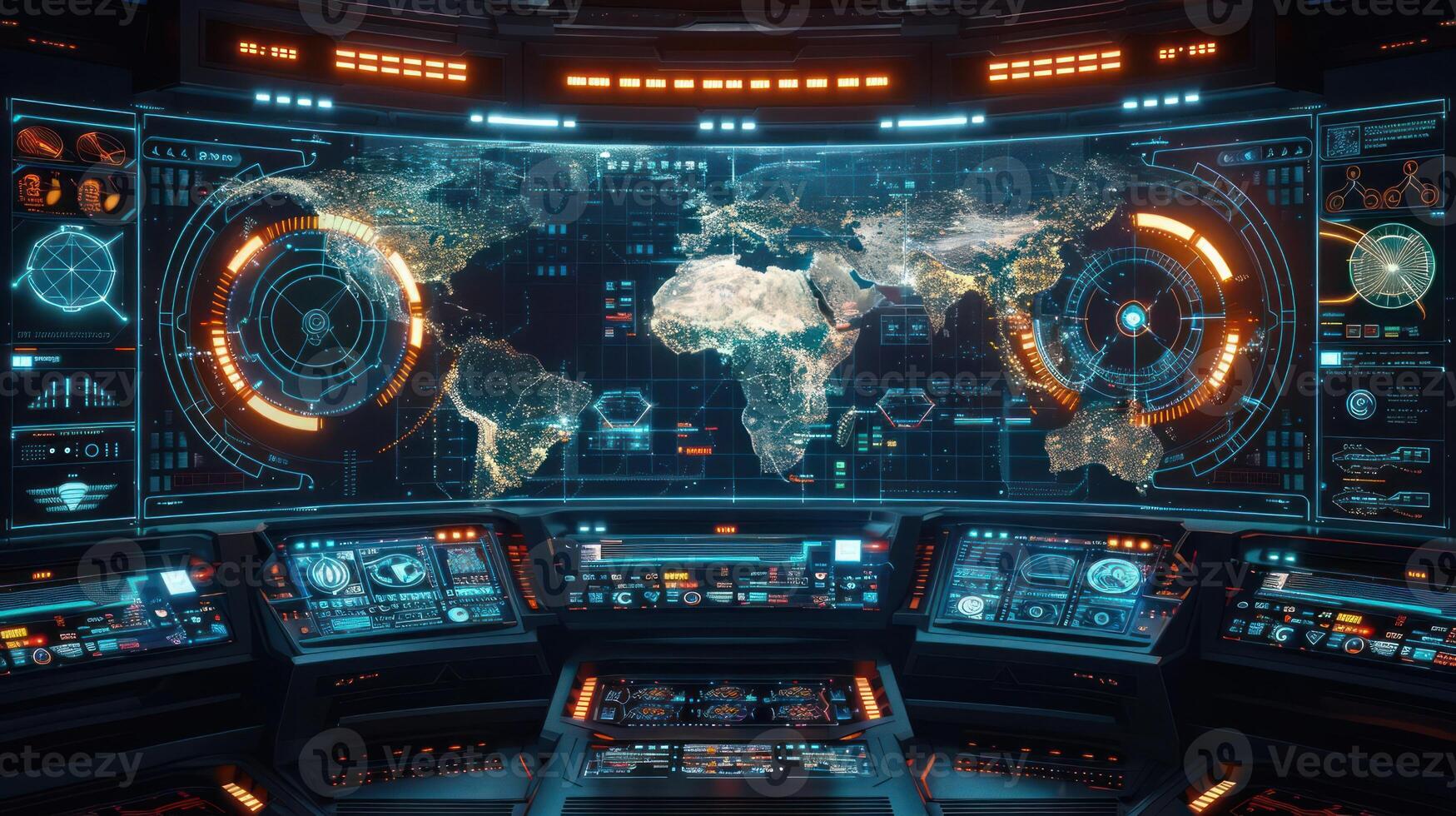 Futuristic control room displaying a global map with data overlays and monitoring systems. photo