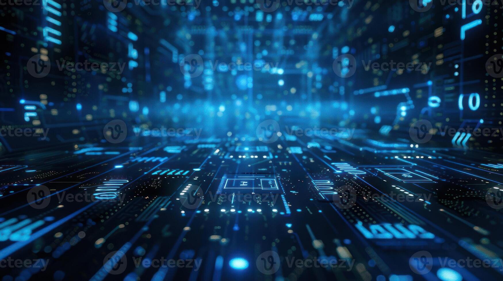 Abstract digital landscape with glowing circuits and data streams. photo