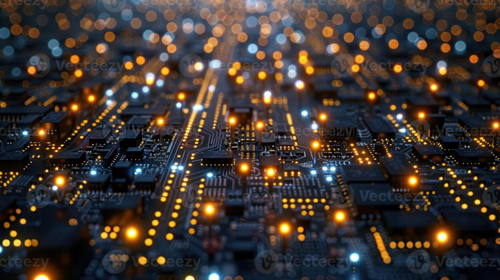 A close-up view of a circuit board with glowing lights and intricate electronic components. photo