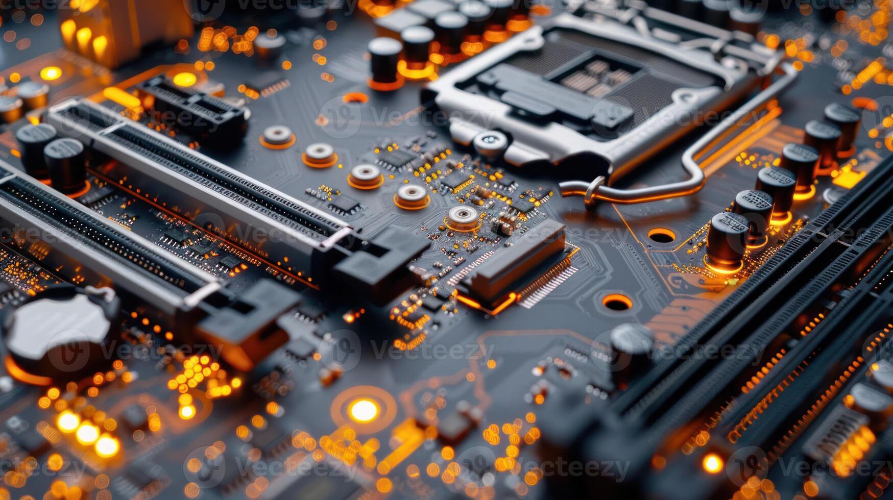 Close-up of a circuit board with glowing components, showcasing technology and design. photo