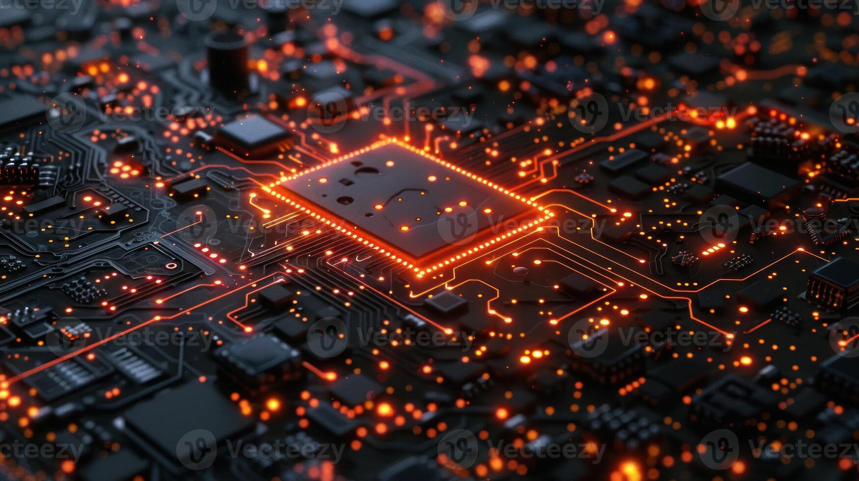 A close-up view of a circuit board with glowing components, showcasing technology and design. photo
