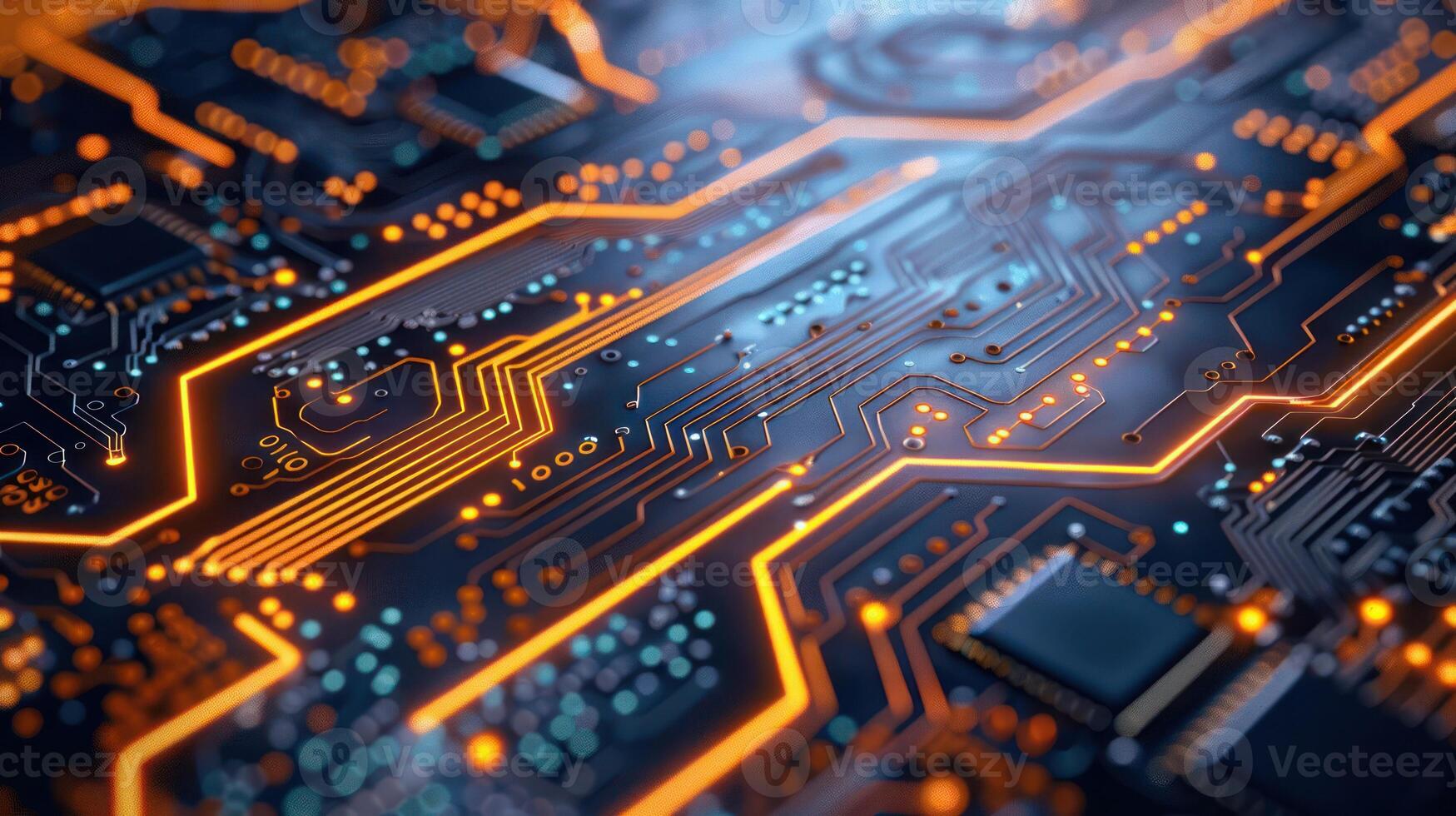 A close-up view of a circuit board with glowing pathways and electronic components. photo