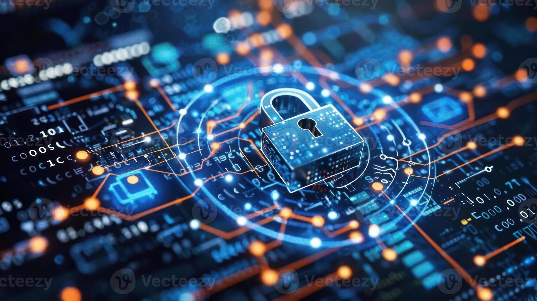 Digital illustration of a lock symbolizing cybersecurity on a circuit board background. photo