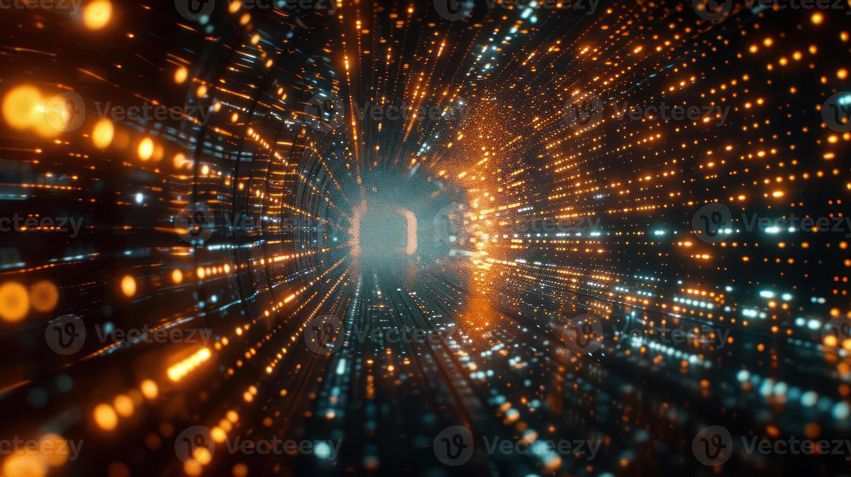 A vibrant digital tunnel with glowing particles, suggesting movement through a futuristic space. photo