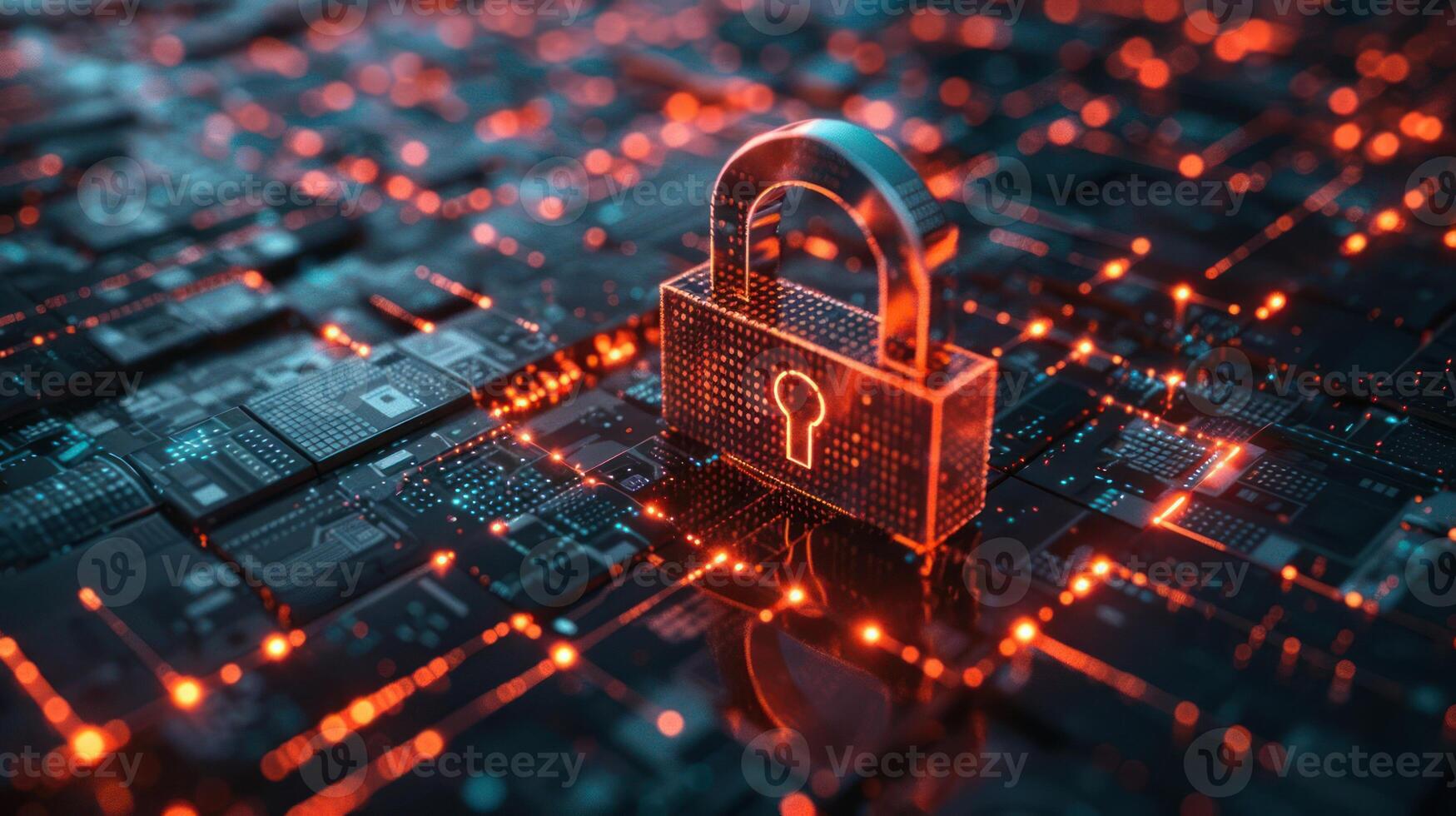 A digital lock symbolizing cybersecurity on a circuit board background. photo
