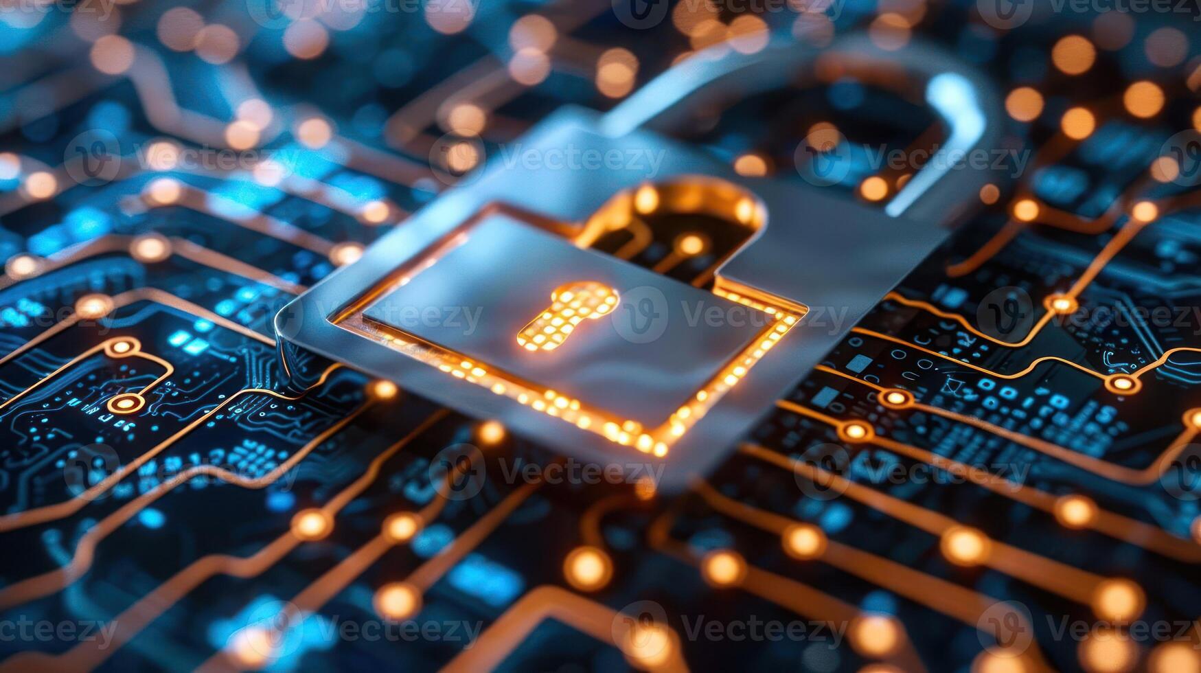 A digital padlock on a circuit board, symbolizing cybersecurity and data protection. photo
