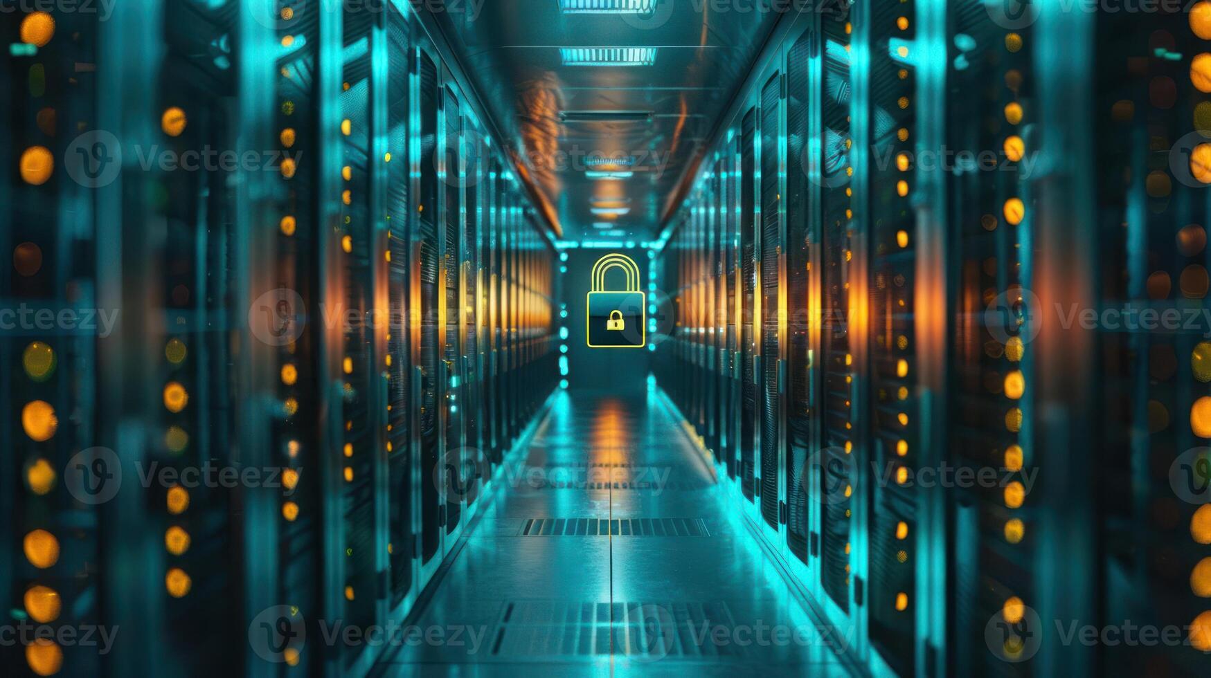 A futuristic data center with glowing lights and a secure lock symbol. photo