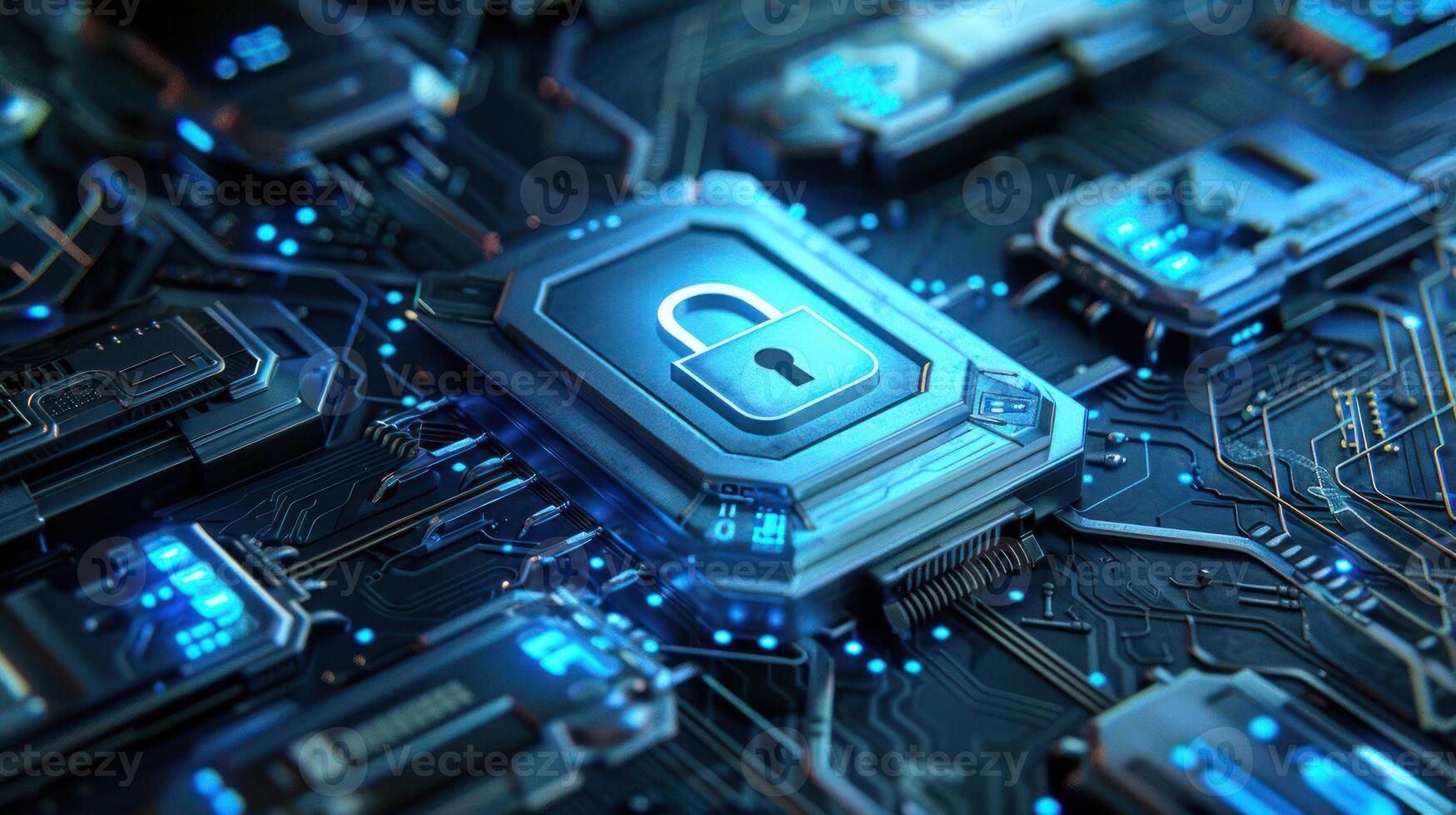 A digital circuit board featuring a secure lock symbol, representing cybersecurity technology. photo