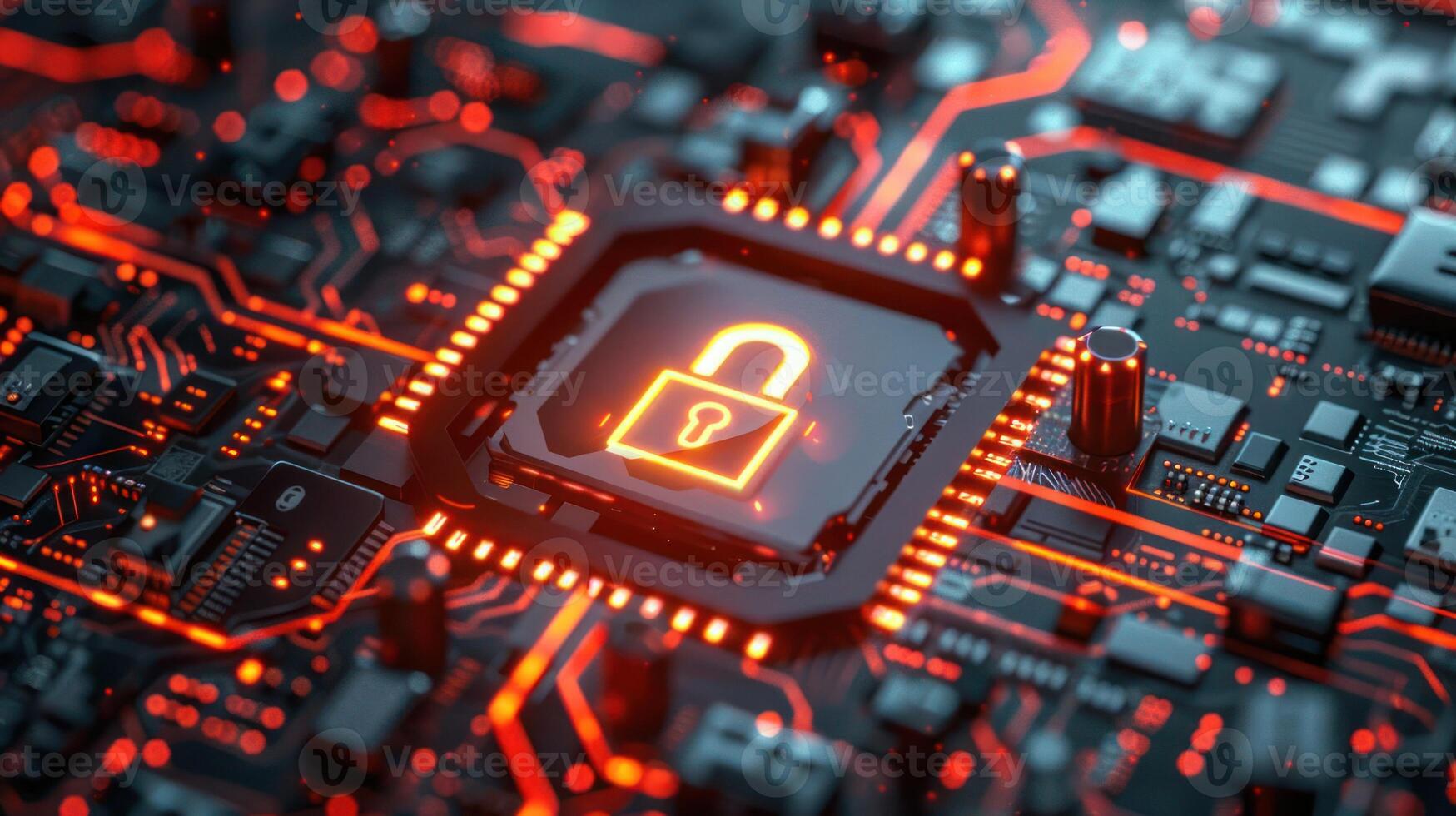 A digital circuit board featuring a glowing padlock symbol, representing cybersecurity. photo