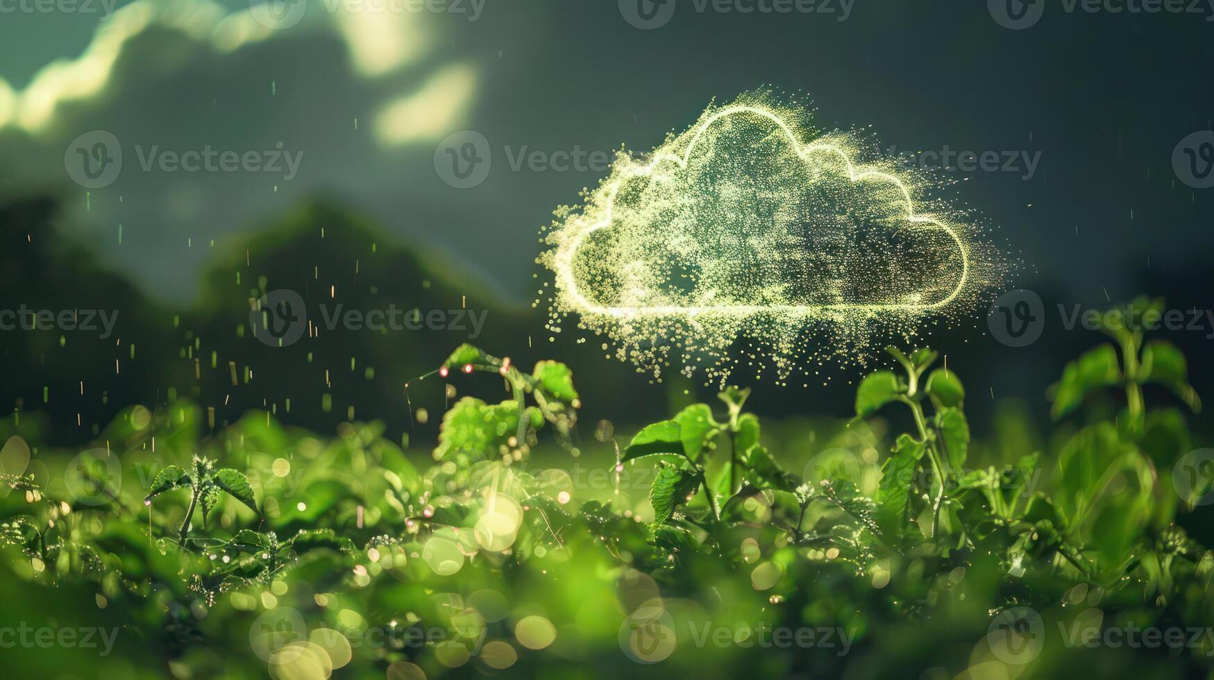 A digital cloud icon raining over lush green plants, symbolizing growth and technology. photo