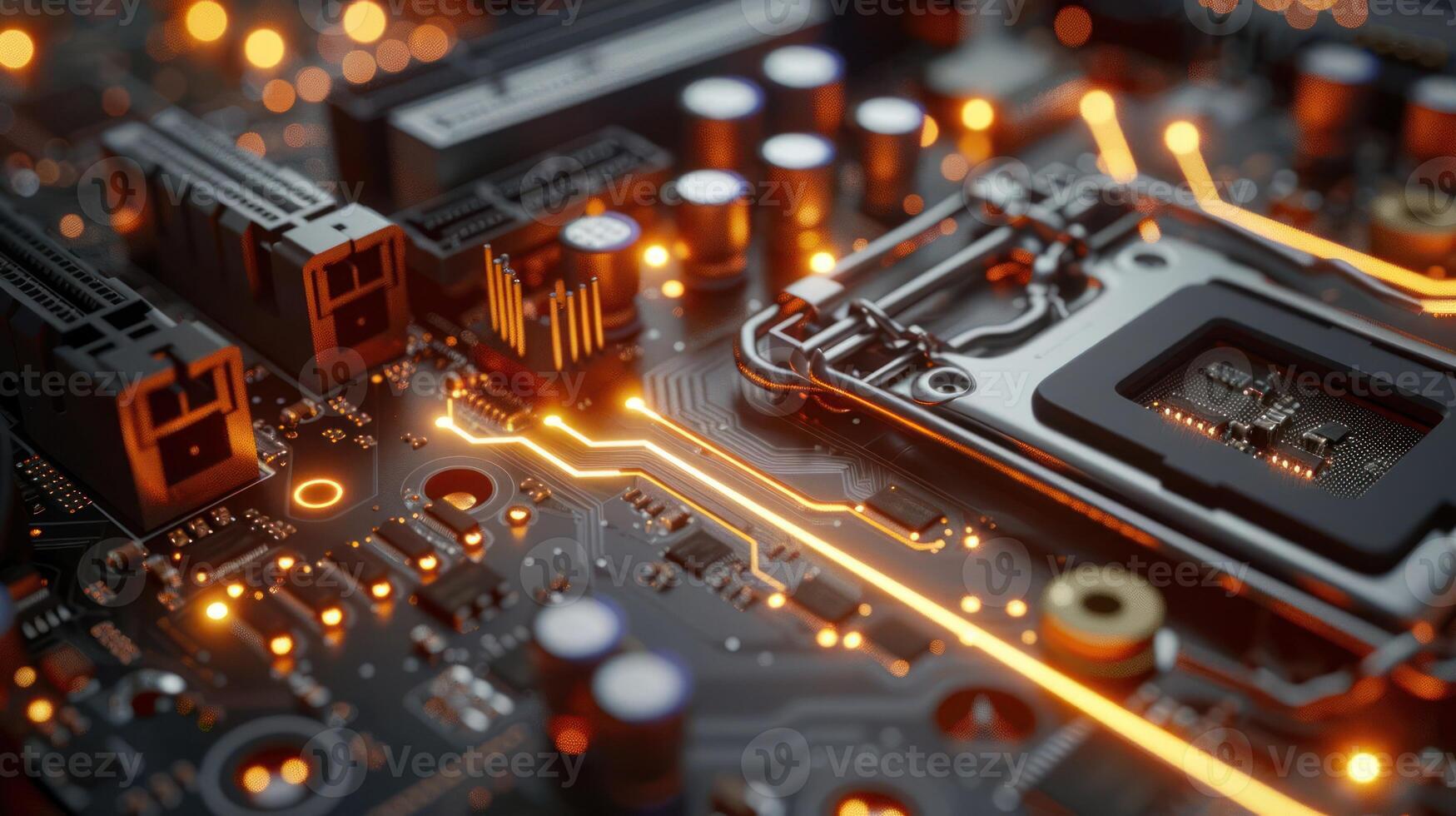 Close-up of a circuit board with glowing components and intricate pathways. photo