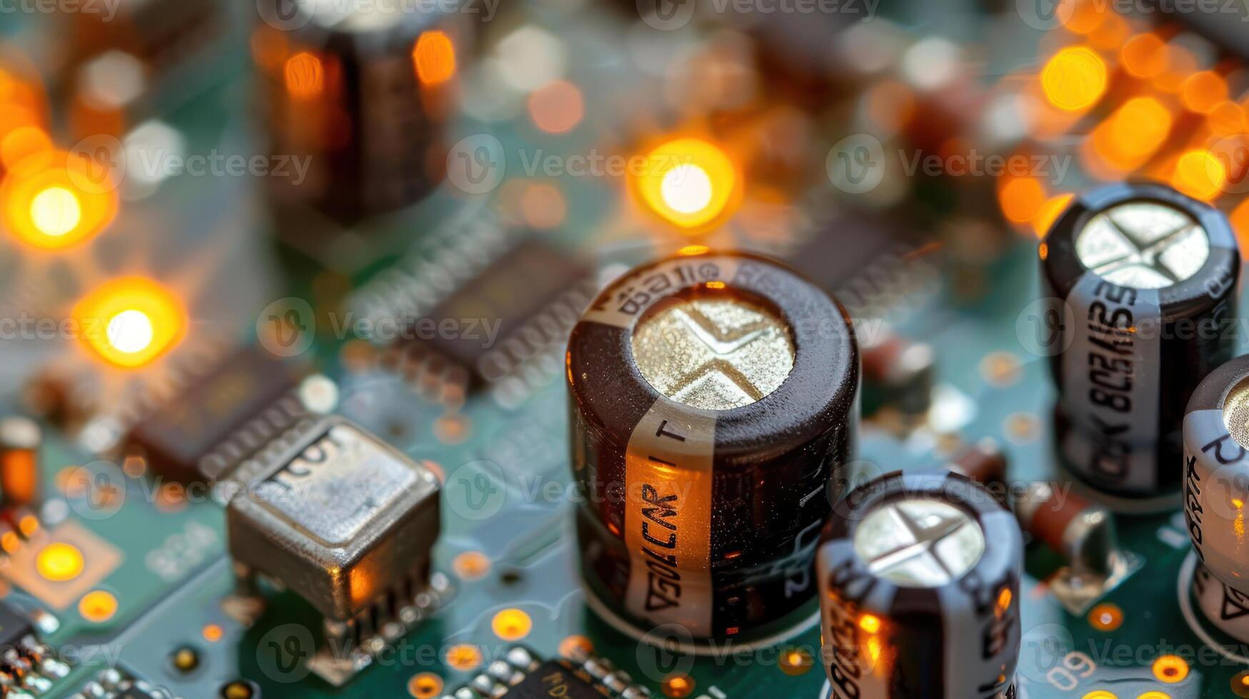 Close-up of a circuit board with capacitors and glowing LEDs, showcasing electronic components. photo