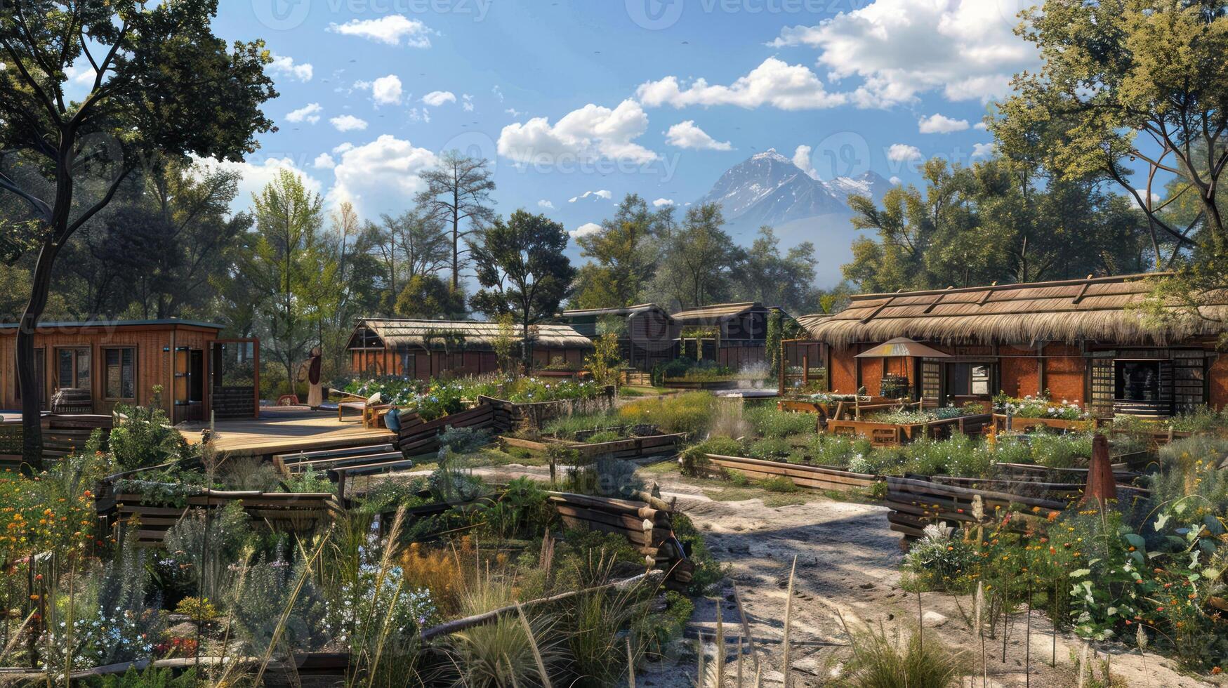 A serene village scene featuring lush gardens, wooden structures, and a mountain backdrop. photo