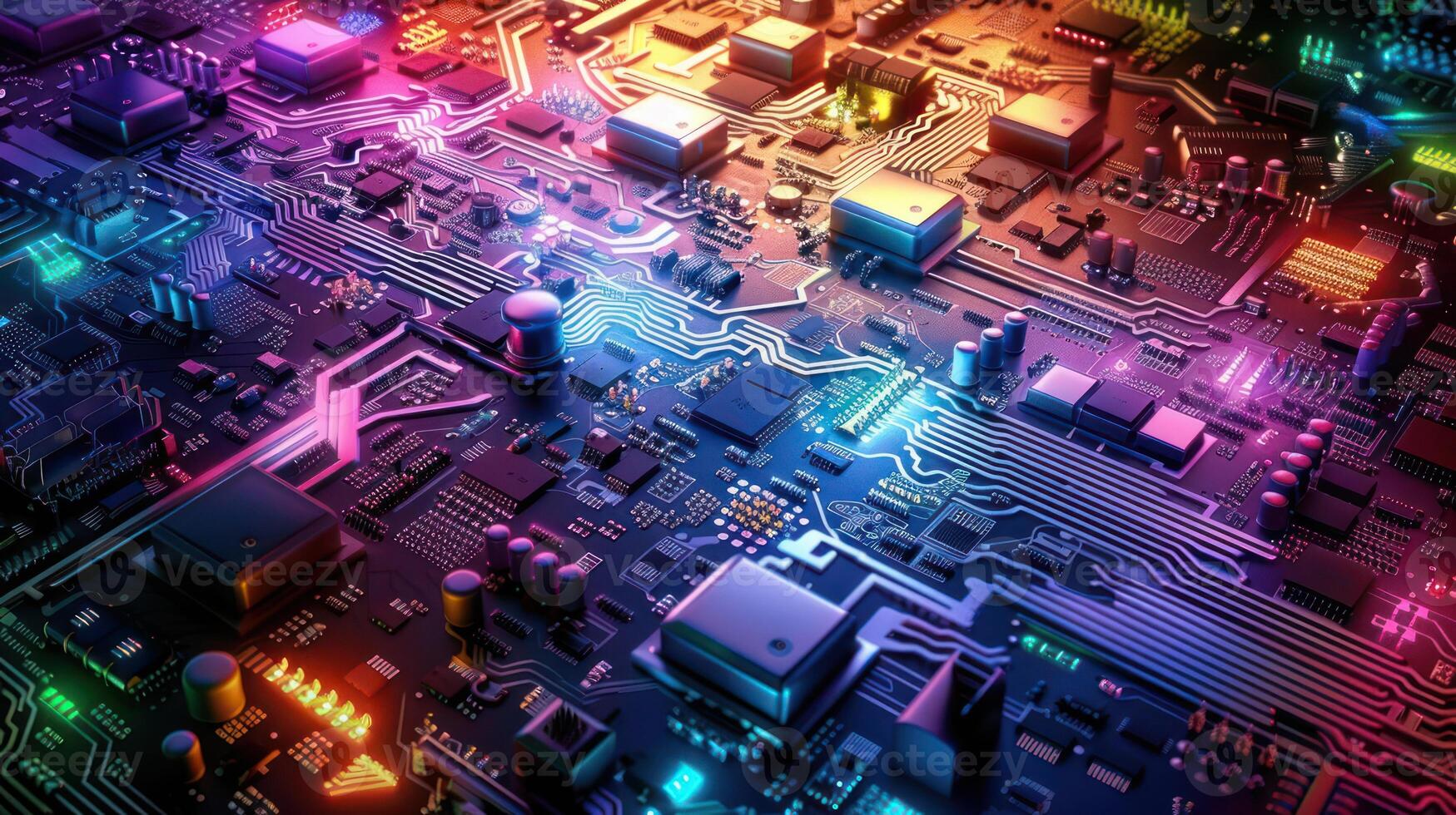Colorful circuit board with glowing components and intricate pathways. photo