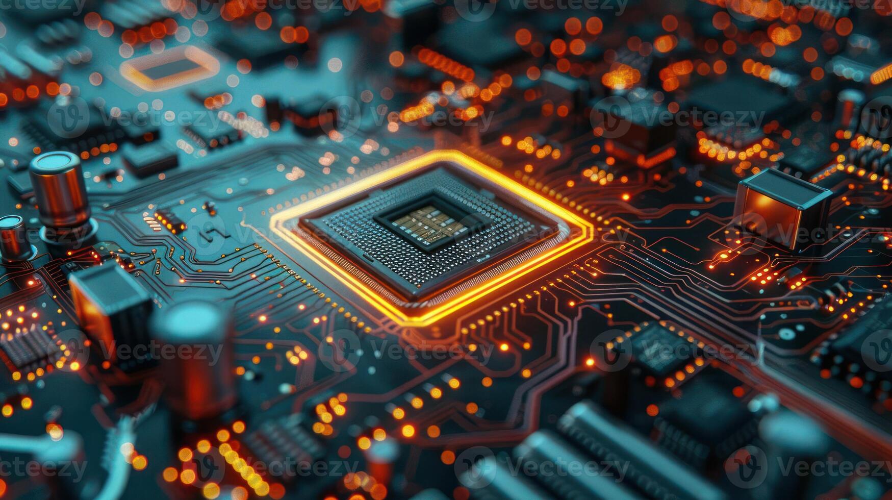 A close-up of a circuit board with glowing components and intricate pathways. photo